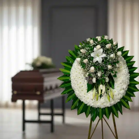 Corona fúnebre grande con rosas blancas, lirios y follaje verde, exhibida en una sala de velación moderna con un ataúd desenf