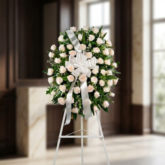 Corona fúnebre Serenidad con rosas blancas y follaje verde, lazo blanco, sobre un trípode en una sala de velación premium con