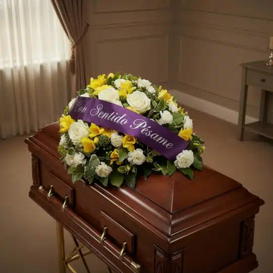 Cubre caja fúnebre Baltasar con rosas blancas, fresias amarillas y follaje verde, adornado con una cinta morada que dice 'Con