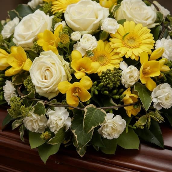 Primer plano de un arreglo floral fúnebre con rosas blancas, gerberas amarillas y freesias, con rocío sutil y follaje verde,