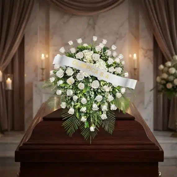 Cubre Caja Fúnebre Bernardita: Un Manto de Paz y Amor Cubre caja fúnebre Bernardita con rosas blancas y follaje verde sobre un ataúd de madera oscura, en un entorno elegante y sol