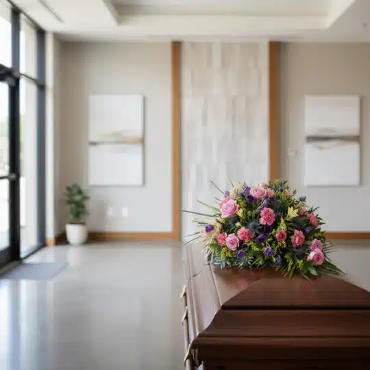 Cubre caja fúnebre 'Legado Sereno de Ivon' con rosas rosadas, claveles y follaje, sobre un ataúd de madera en una sala de vel