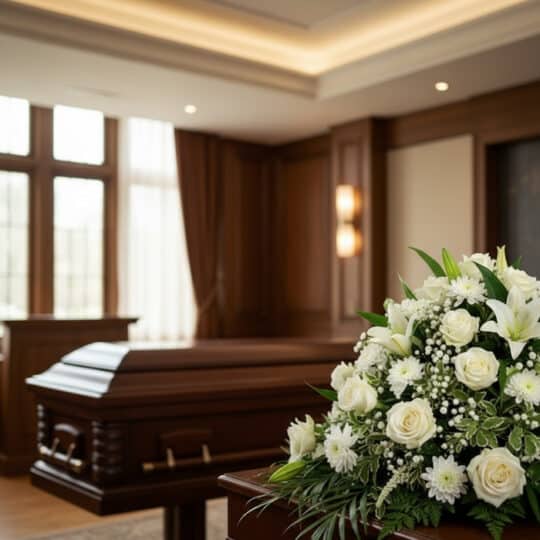 Cubre caja fúnebre solemne con rosas blancas, lirios y follaje verde, en una sala de velación moderna con ataúd de madera al