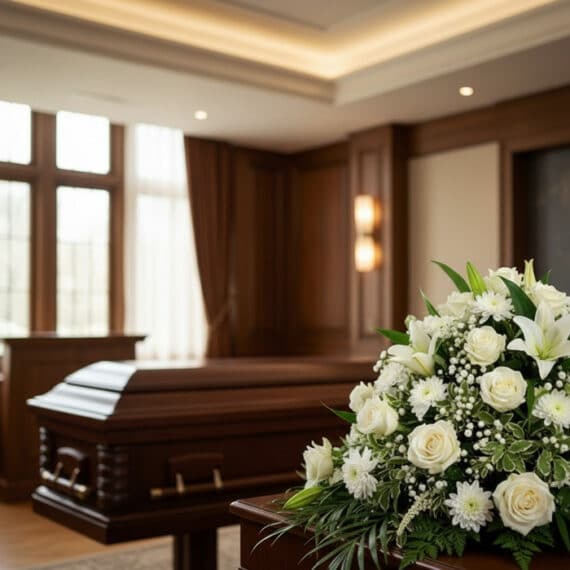 Cubre caja fúnebre solemne con rosas blancas, lirios y follaje verde, en una sala de velación moderna con ataúd de madera al