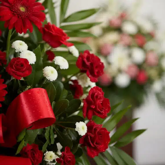 Primer plano de arreglo fúnebre con rosas rojas, gerberas y crisantemos blancos, con rocío sutil y cinta satinada roja. Fondo