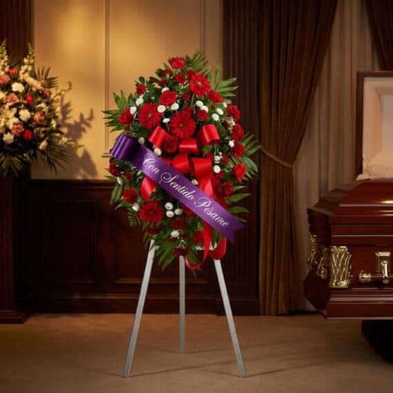 Pedestal fúnebre con rosas rojas, margaritas blancas y follaje verde, adornado con una cinta morada que dice 'Con Sentido Pés