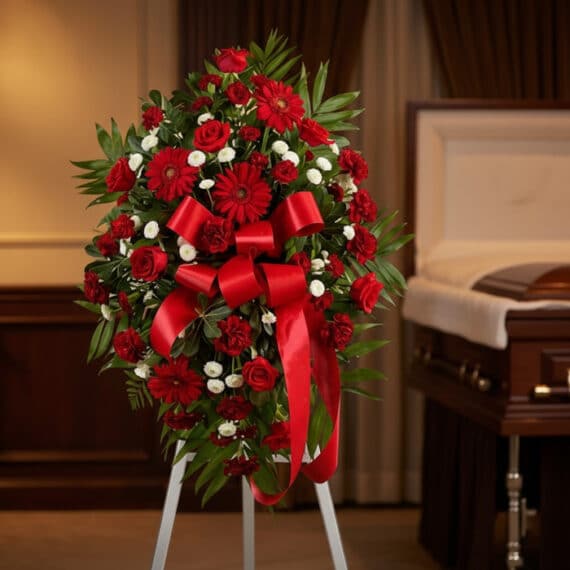 Pedestal fúnebre Homenaje Eterno a Andrés, con rosas rojas, gerberas y follaje verde, adornado con un lazo rojo, en una sala
