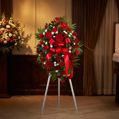 Pedestal fúnebre 'Homenaje Eterno a Andrés' con rosas rojas, claveles blancos y follaje verde, presentado en una elegante sal