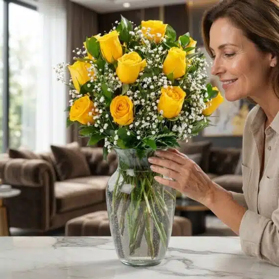 Mujer elegante admirando un jarrón con 12 rosas amarillas y follaje, en un lujoso interior de hogar con luz natural suave.