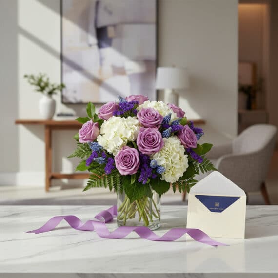 Jarron Floral VITTORIA con rosas lilas, hortensias blancas y flores azules, sobre marmol con tarjeta de regalo y cinta morada