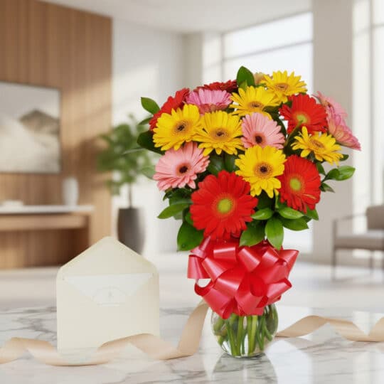 Jarrón de cristal con gerberas rojas, amarillas y rosas, sobre una mesa de mármol, con una tarjeta de regalo y cinta satinada