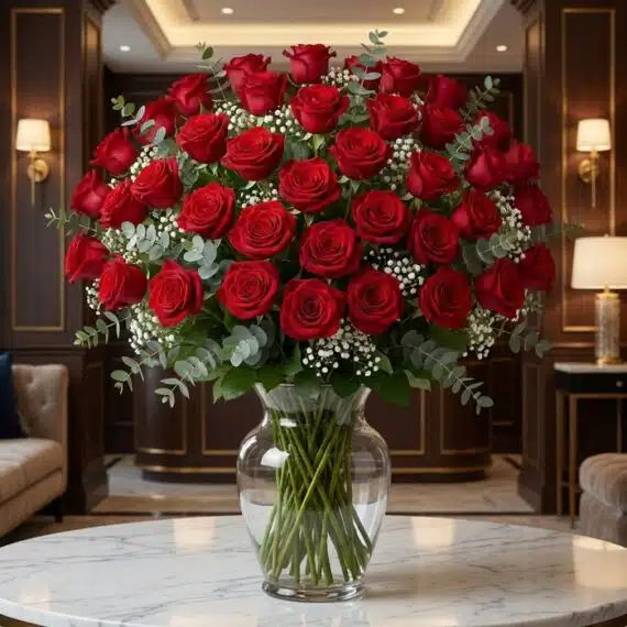 Jarron GINEVRA: 80 Rosas Rojas para una Declaración de Amor Inolvidable Impresionante jarrón GINEVRA con 80 rosas rojas frescas y abiertas, rodeadas de follaje verde y pequeñas flores blancas, sobr