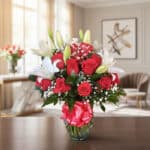 Jarrón Otoño con un elegante arreglo floral de rosas rojas vibrantes, lirios blancos puros y follaje verde, sobre una mesa de