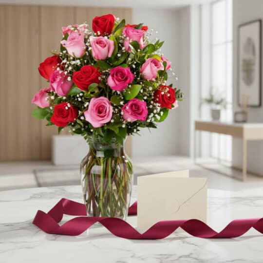 Jarrón Te Extraño con un ramo de rosas rojas y rosadas, follaje verde y flores de aliento de bebé, sobre una mesa de mármol c