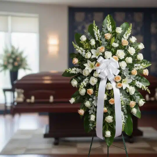 Pedestal fúnebre Descansa Ahora con rosas blancas y durazno, lirios y follaje verde, en una sala de velación moderna con ataú