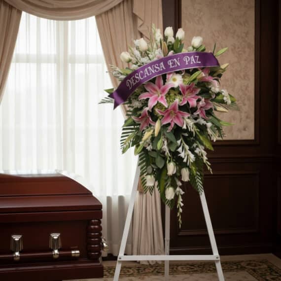 Pedestal fúnebre "Legado Eterno" con lirios rosados, rosas blancas y follaje, adornado con una cinta morada que dice "Descans