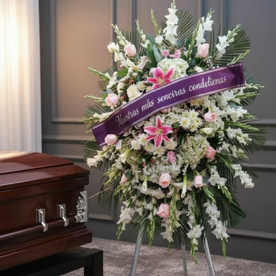 Pedestal fúnebre 'Pasión' con rosas, lirios y gladiolos blancos, cinta morada con mensaje de condolencia, junto a un ataúd en