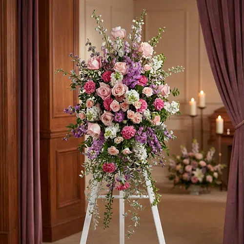 Pedestal funerario 'Luz de Elisa' con rosas, claveles y lirios en tonos pastel, realzado en una sala de velación con iluminac