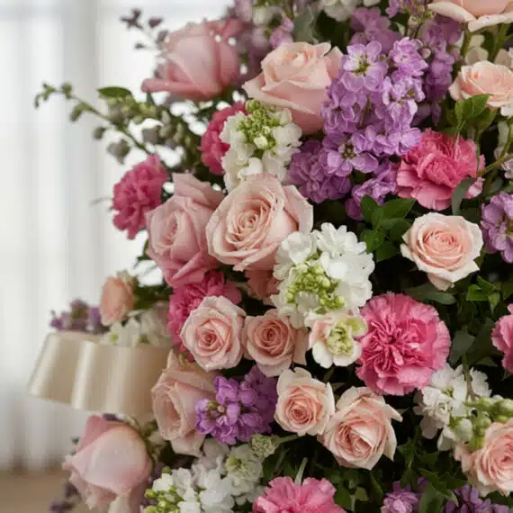 Macro de arreglo floral funerario 'Luz de Elisa' con rosas, lirios y claveles en tonos pastel, rocío sutil y cinta satinada.