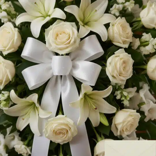 Fotografía macro premium de un arreglo floral fúnebre blanco con rosas, lirios y follaje verde, con una cinta satinada blanca