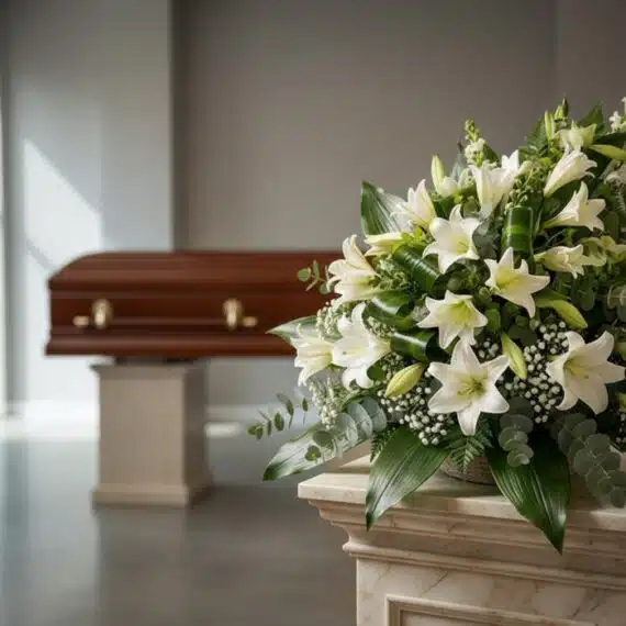 Ramo fúnebre Abdiel con lirios blancos y follaje verde en una sala de velación moderna, con un ataúd desenfocado al fondo.