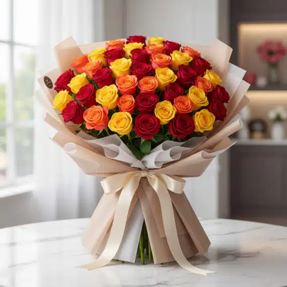 Ramo SYLVANA: 60 Rosas Vibrantes en Tonos de Fuego 🌹 Impresionante ramo SYLVANA con 60 rosas rojas, naranjas y amarillas vibrantes, envuelto en papel coreano beige y atado con un
